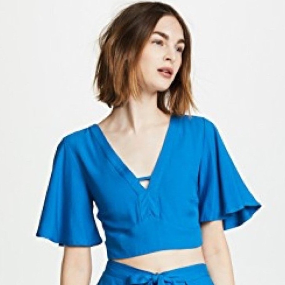 Jack BB Dakota Kiana Crop Top Flutter Sleeve Tie Back V-Neck Blue Medium